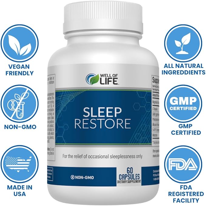 Well of Life Sleep Restore Supplement with Melatonin &amp Magnesium – Tranquil Sleep Support with L-Theanine GABA 5-HTP | Supports Relaxation &amp Calm Night Routine | 60 Vegan Capsules