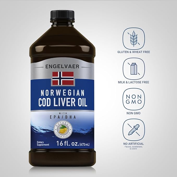 Piping Rock Cod Liver Oil Liquid | 16 fl oz | with EPA and DHA | Engelvaer Norwegian | Lemon Flavor | Non GMO Gluten Free Supplement