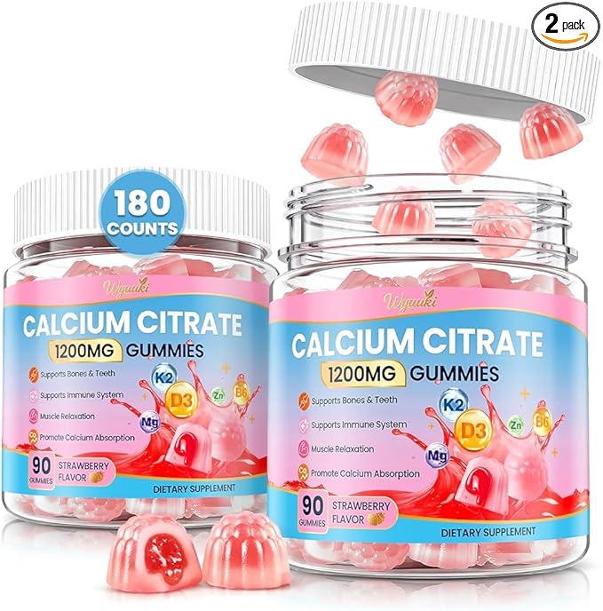 2 Pack Calcium Citrate Magnesium Zinc 1500mg for Kids &amp Adults Sugar-Free D3 K2 (MK-7) B6 Multivitamin Chewable Gummies Extra Strength-Ultimate Absorption for Bone Muscle Teeth Immune Vegan 180 C