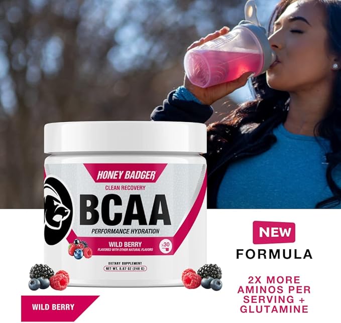 Honey Badger BCAA + EAA Amino Acids Powder BCAAs + L-Glutamine Keto Vegan Sugar Free for Men &amp Women Hydration &amp Post Workout Muscle Recovery Drink Mix Wild Berry 30 Servings