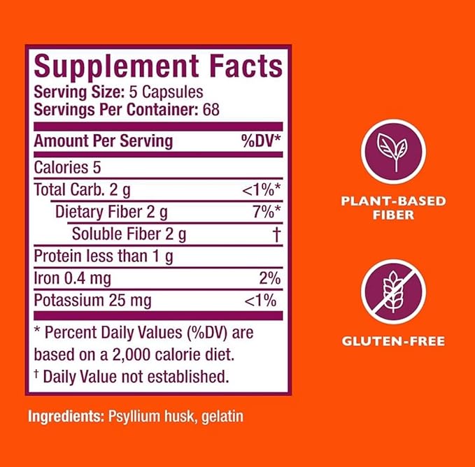 Metamucil 3-in-1 Fiber Capsules Daily Psyllium Husk Fiber Supplement for Digestive Health Plant Based Fiber Supplement 340 Capsules (Pack of 1)