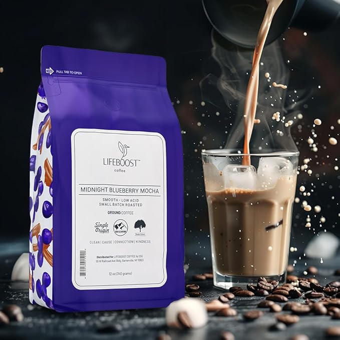 Lifeboost Midnight Blueberry Mocha Ground Coffee - Low Acid Single Origin Coffee - Non-GMO Wild Blueberry Coffee Grounds Third Party Tested For Mycotoxins &amp Pesticides - 12 Ounces