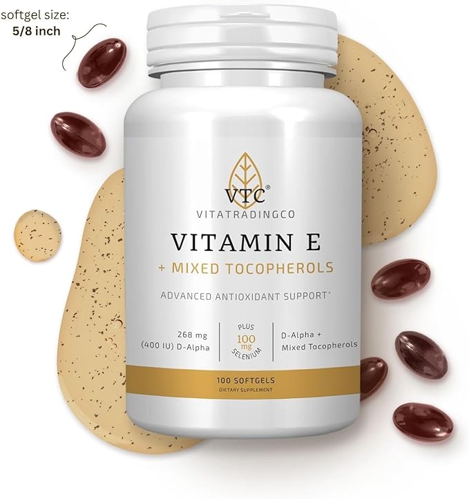 VTC VitaTradingCo. Vitamin E + Mixed Tocopherols | 400 IU Vitamin E | with Selenium &amp D-Alpha | Powerful Antioxidant | Skin Heart &amp Immune Support | 100 Softgels