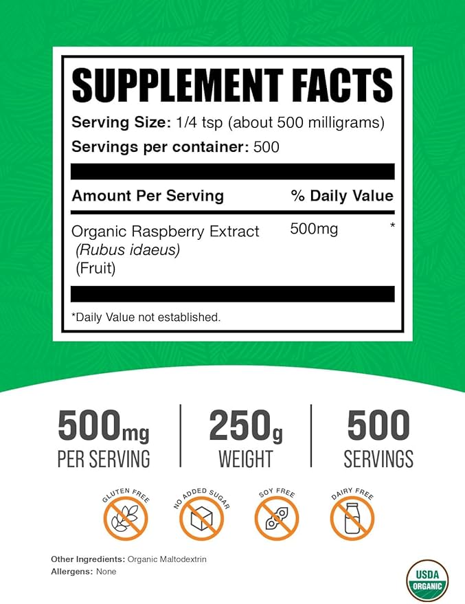 BulkSupplements.com Organic Raspberry Extract Powder - from Raspberry Fruit Antioxidant Source Herbal Supplement - Gluten Free 250g (8.8 oz) (Pack of 1)