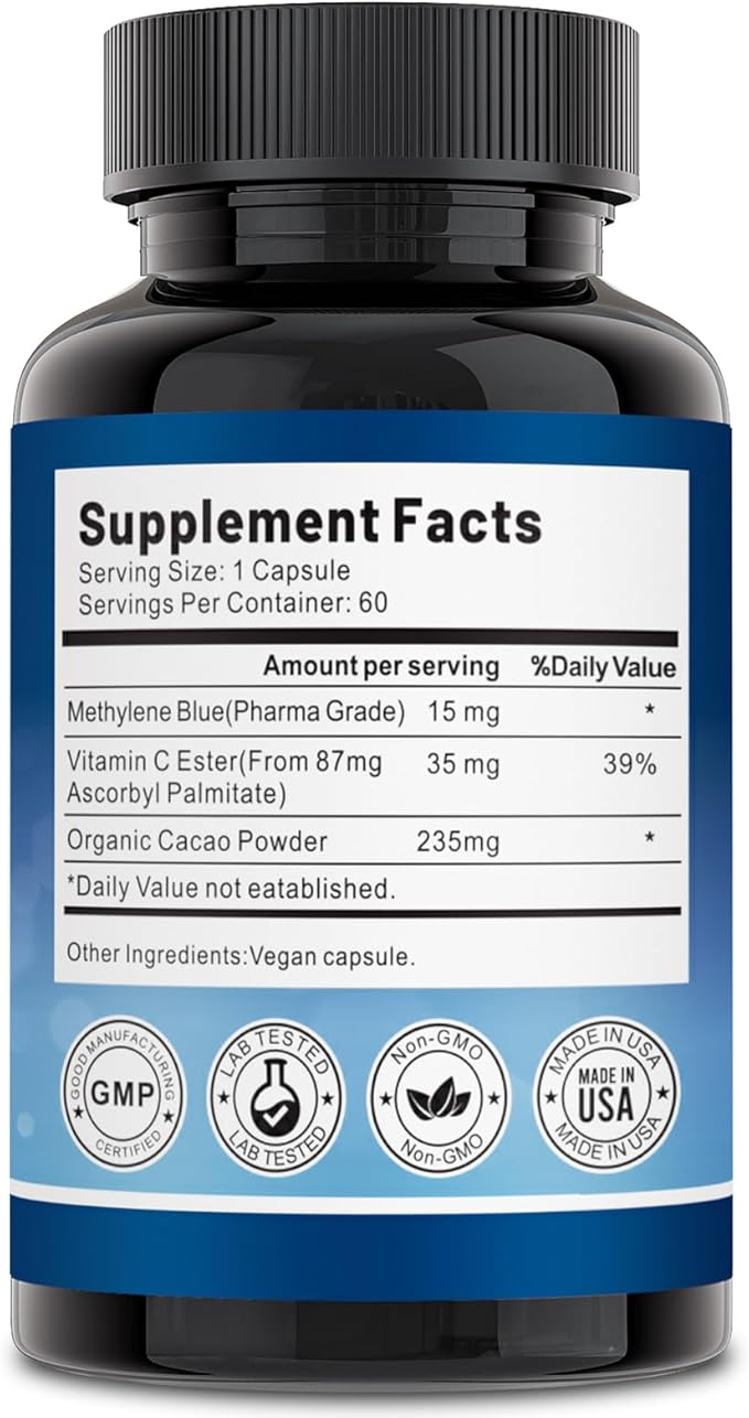Methylene Blue Capsules — Premium Quality Methylene Blue with Vitamin C Ester Dietary Supplement 60 Easy‑to‑Swallow Capsules