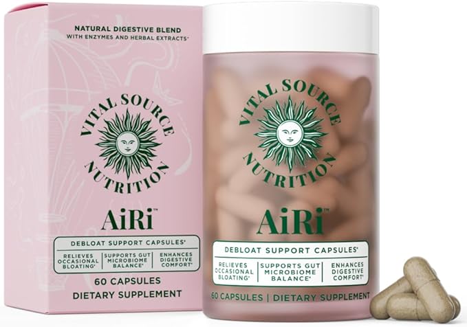 Vital Source Nutrition - AiRi - Debloat Support Capsules - Natural Digestive Blend with Enzymes &amp Herbal Extracts - Supports Gut Balance &amp Digestive Comfort - Supplements for Women - 30 Servin