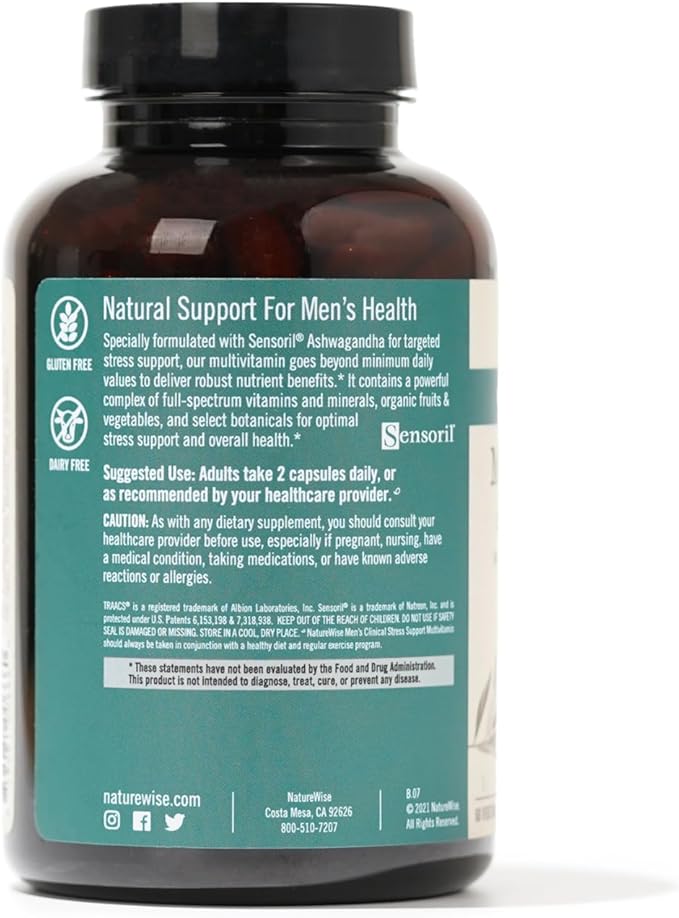 NatureWise Multivitamin for Men + Stress Support + Fulvic Ionic Minerals + Probiotics for Immunity Male Health Digestion + Whole Organic Foods - Vegetarian Non-GMO - 60 Capsules[1-Month Supply]