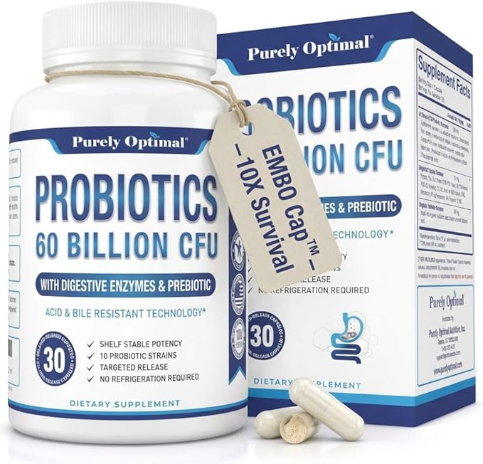 Purely Optimal Probiotics for Digestive Health 60 Billion CFU – Delayed-Release with Digestive Enzymes &amp Organic Prebiotics – Bloating Immune &amp Energy Support 30 Caps