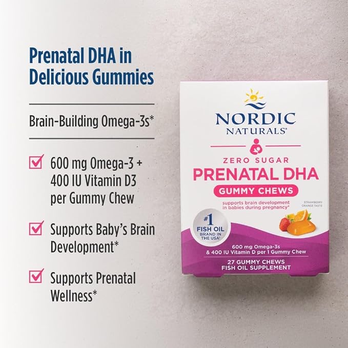 Nordic Naturals Zero Sugar DHA Prenatal Vitamin Gummies Strawberry Orange Flavor - 27 Gummies - Supplements for Pregnancy - 600 mg Omega-3 Fish Oil and 400 IU Vitamin D3-27 Servings