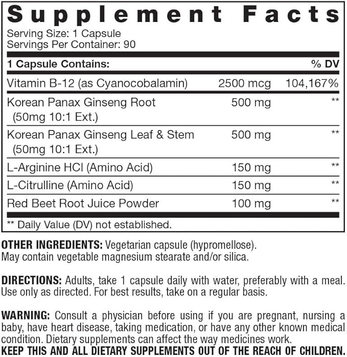 Fresh Start Vitamin B-12 2500 &amp Panax Ginseng with L-Arginine &amp L-Citrulline - Powerful Energy Booster | Supports Normal Blood Flow &amp Energy Metabolism | Supplement - 90 Capsules