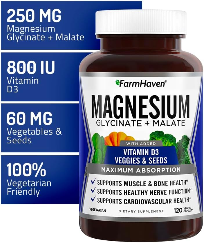 FarmHaven Magnesium Complex –Magnesium Glycinate &amp Malate w/Vitamin D3 100% Chelated for Max Absorption Vegetarian – Bone Health Nerves Muscles 120 Capsules 60 Days