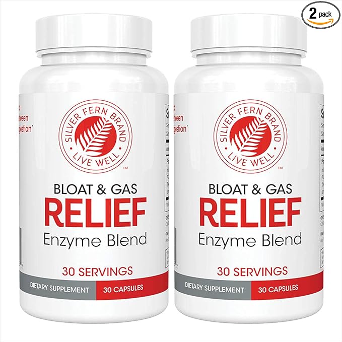 Silver Fern Bloat &amp Gas Relief Digestive Enzyme Blend - 2 Bottles = 60 Servings - FODMAP &amp Bloating Digestion Supplement with Tolerase L Pectinase &amp More (2 Bottles)
