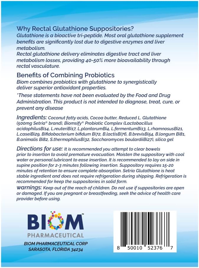 High Potency 500mg Reduced L-Glutathione (Setria Brand) + Probiotic Suppository. Maximum Bioavailable Glutathione Formulation with Powerful Antioxidant Properties.