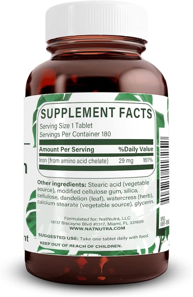 Natural Nutra Chelated Iron Supplement for Men &amp Women Nails Health Promotes Optimal Absorption Helps Enhance Iron Level Maintain Body Fulid Help to Improves Hair Growth Skin Health 180 Tab
