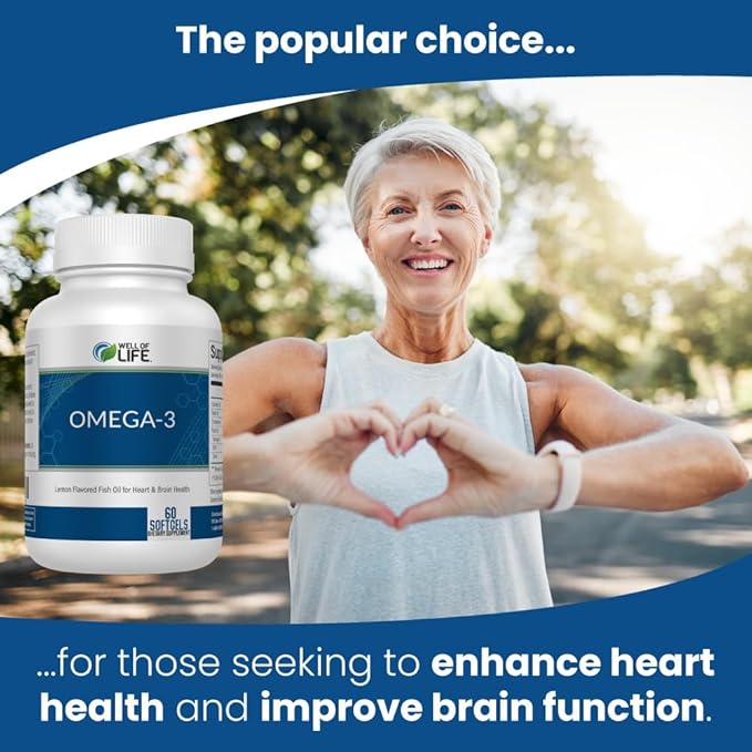 Well of Life Omega-3 Fish Oil – 60 Softgels | High EPA &amp DHA for Heart and Brain Health | Non-GMO Premium Fish Oil Supplement | Made in USA GMP Certified