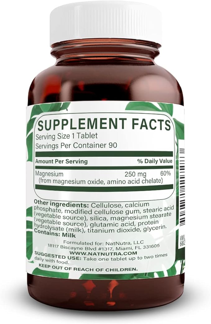 Natural Nutra Chelated Magnesium Oxide 250mg- High Absorption for Strong Bones Heart Health Improves Dental Health Energy Boost Gluten-Free Non-GMO 90Tablets in BPA-Free Recyclable Glass Bottles