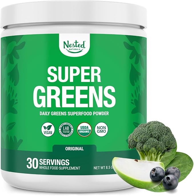 Nested Naturals Super Greens Daily Superfood Powder - Certified USDA Organic Green Powder w/20+ Whole Foods Spirulina PowderWheat &amp Barley Grass - Probiotics Fiber &amp Enzymes - Original Flav