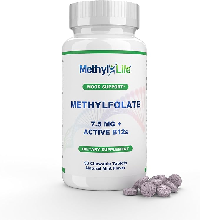 Methyl-Life® Pure L-Methylfolate 7.5mg + Vitamin B12 (Hydroxy B12 &amp Adenosylcobalamin) | Active 5-MTHF Calcium with Cerebrofolate® | Vegan Non-GMO Gluten-Free | 90 Chewable Tablets
