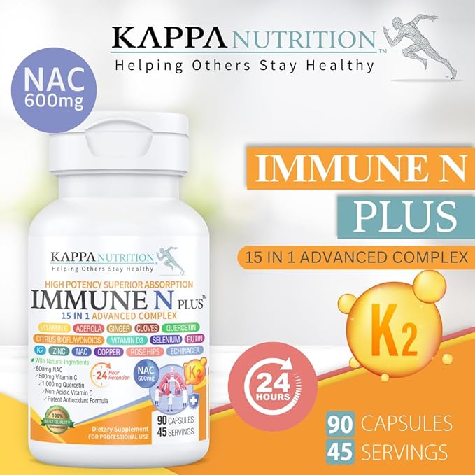 (90 Capsules) NAC 600mg Quercetin 1000mg Vitamin C 500mg Zinc 50mg Vitamin D3 5000iu Selenium Copper Acerola Ginger Rutin Citrus Bioflavonoids Rose Hips Echinacea Immune N Plus 15 in 1