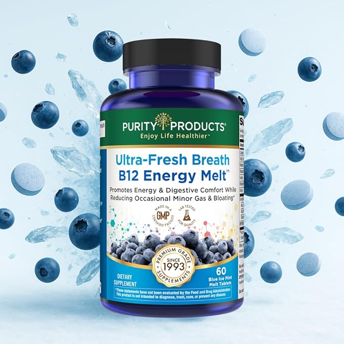 Ultra Fresh Breath B12 Energy Melts – 1000 mcg Methylcobalamin + Probiotics Zinc D3 &amp Biotin – Supports Energy Immunity Digestive Comfort &amp Oral Health - Mint Flavor Chewable Tablets – 60