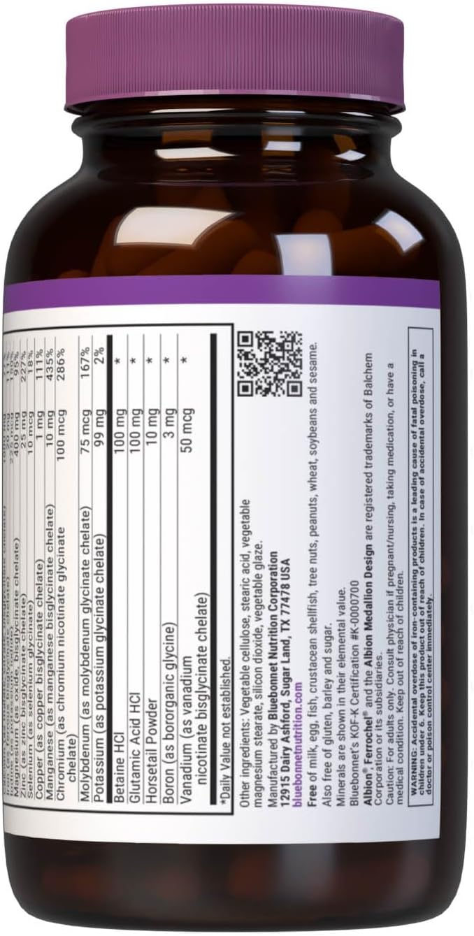 Bluebonnet Nutrition High Potency Chelated Multiminerals Albion Chelated Minerals Soy-Free Gluten-Free Non-GMO Kosher Certified Dairy-Free 120 Caplets 40 Servings