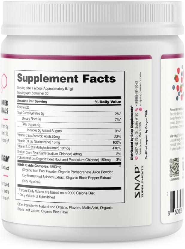 Snap Supplements Organic Beet Root Powder Nitric Oxide Supplement for Men &amp Women Red Spinach &amp Pomegranate Supports Healthy Energy &amp Blood Pressure Already in Normal Range 30 Servings