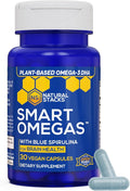 NATURAL STACKS Smart Omegas - Omega 3 Supplement w/ 200mg DHA &amp 200mg Blue Spirulina - Plant Based Algae Oil Omega 3 Supplement - Fish Oil Free Antioxidant Support - 30 Blue Spirulina Capsules