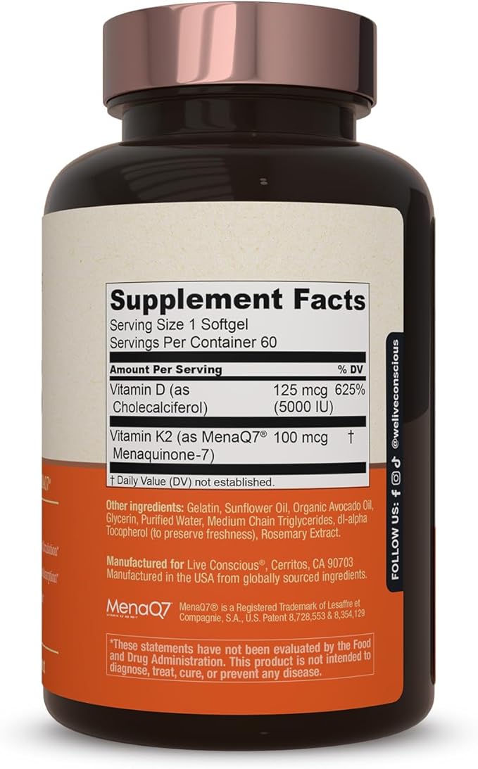 Live Conscious Vitamin K2 MK7 with D3 Supplement | Bone &amp Heart Health Support - Patented Vitamin K &amp Vitamin D3 5000 IU - 60 Softgels