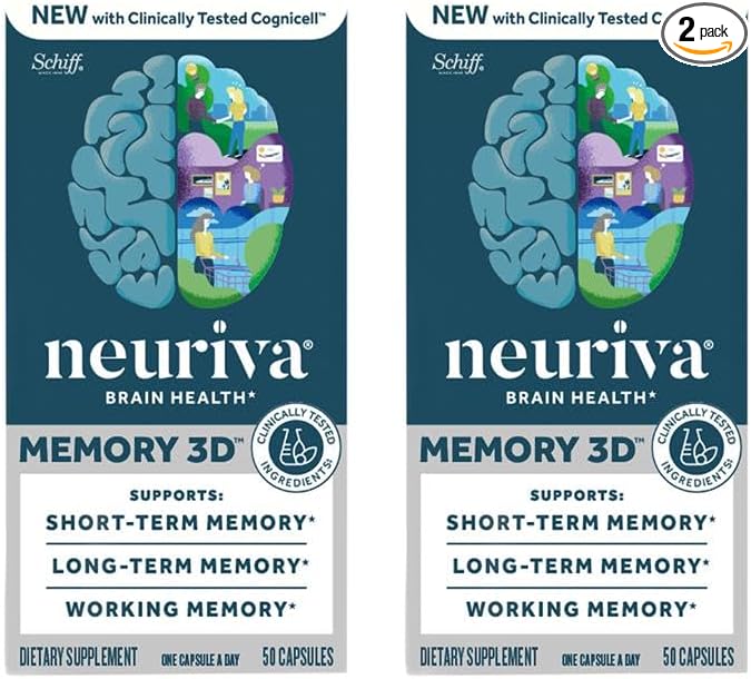 NEURIVA Memory 3D Brain Supplement - Nootropic Capsules for Memory Focus &amp Cognitive Function - Short Term Long Term &amp Working Memory Support - 50ct - Pack of 2