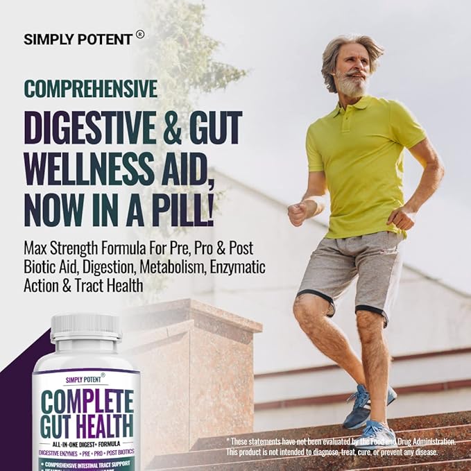 Simply Potent |Digestive Enzymes with PrebioticsProbiotics &amp Postbiotics – 4-in-1 Complete Gut Health Formula with Bacillus CoagulansAmylaseLipase &amp Bromelain |Non-GMOGlutenFreeVegan |60