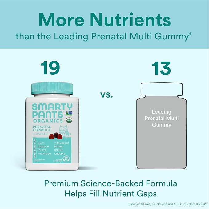SmartyPants Organic Prenatal Vitamins for Women Multivitamin Gummies: Biotin Methylfolate Omega 3 (ALA) Vitamin D3 C Vitamin B12 B6 A K2 &amp Zinc Choline Vegetarian 180 Count (45 Day Sup