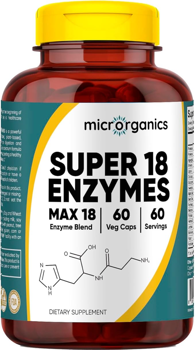 Super 18 Enzymes MAX 18 – Broad-Spectrum Plant-Based Digestive Enzyme Complex – Supports Comfortable Digestion &amp Nutrient Absorption – 60 Vegan Capsules 60 Servings