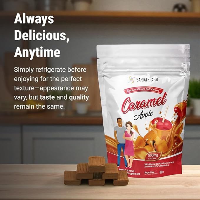 BariatricPal Sugar-Free Calcium Citrate Soft Chews | 500mg with Vitamin D &amp Probiotics | Caramel Apple | 90 Count (1 Month Supply)