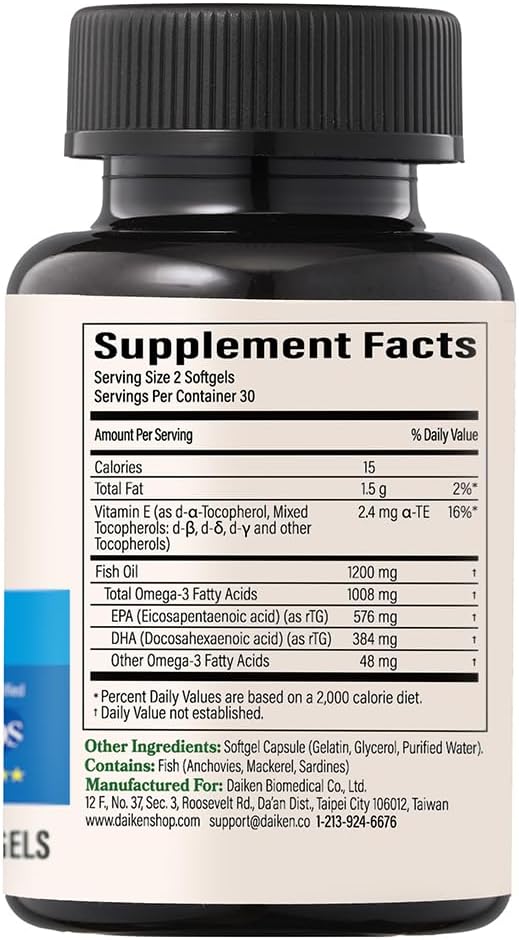 DAIKEN Mini Fish Oil 1200 mg rTG Omega 3 1000mg 60 Softgels High Absorption &amp Burpless Fish Oil for Healthy Heart Brain and Dry Eyes Support