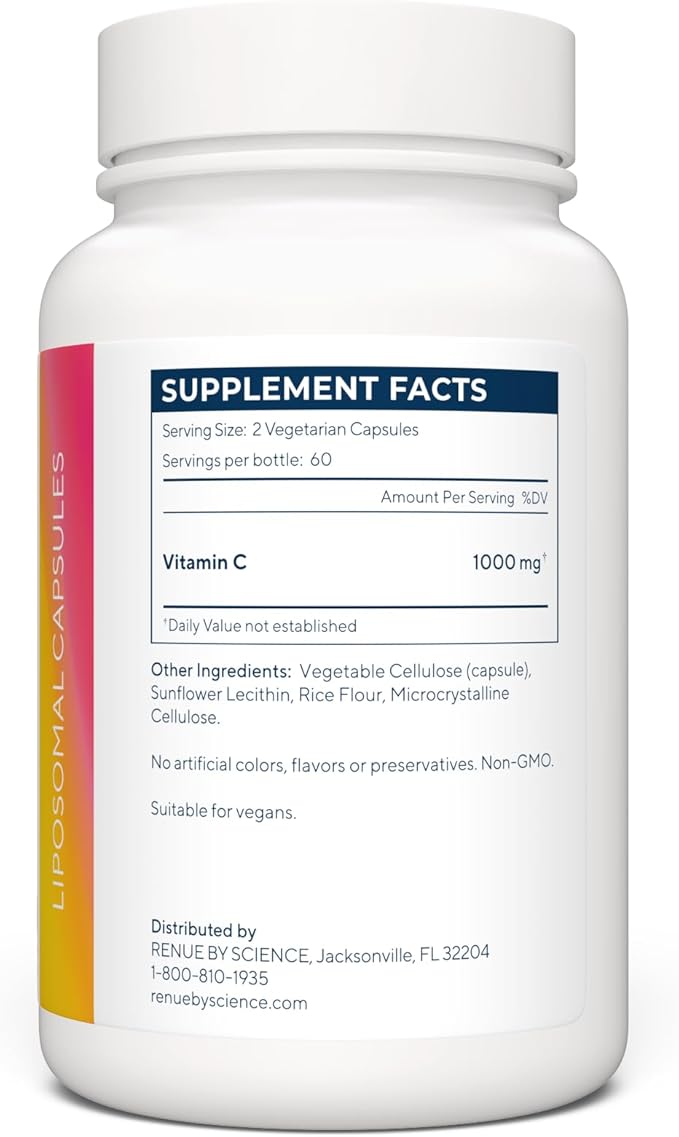 Renue By Science Vitamin C | High Strength Liposomal Supplement | 120 Capsules - 1000mg VIT C per Serving | Non-GMO &amp Allergen Free | Made in The USA Third-Party Tested
