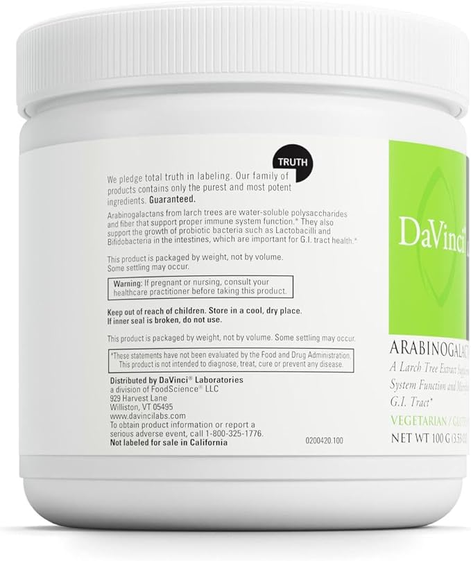 DAVINCI Labs Arabinogalactan Powder - Probiotic Support Supplement Aids Immune System GI Health &amp Microflora Balance* - Prebiotic Fiber Supplement with Larch Tree Extract - 20 Servings (100 g)