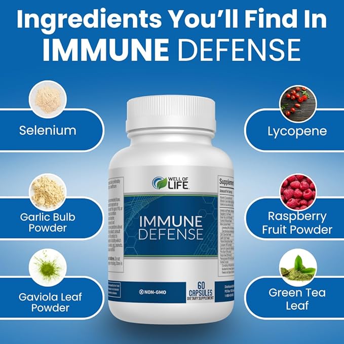 Immune Defense 600mg | 60 Veg Capsules. Enhance Immune Health with a Potent Blend of Graviola Leaf Raspberry Fruit Green Tea Turmeric Garlic. Boost Your Well-Being Naturally.