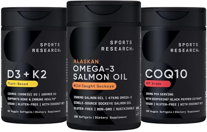 Sports Research® Supplements Pack - Omega 3 Salmon Oil + Vegan Vitamin D 5000iu &amp Mk7 Vitamin K 100mcg + CoQ10 (100mg)