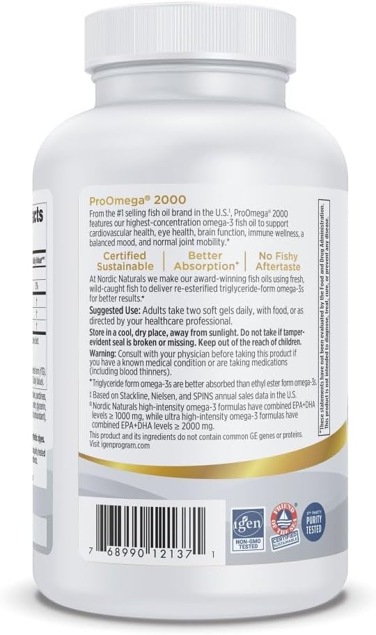 Nordic Naturals ProOmega 2000 Lemon Flavor - 120 Soft Gels - 2150 mg Omega-3 - Ultra High-Potency Fish Oil - EPA &amp DHA - Promotes Brain Eye Heart &amp Immune Health - Non-GMO - 60 Servings