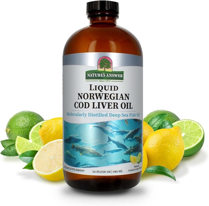 Nature's Answer Cod Liver Oil Liquid Supplement 16-Fluid Ounces | Promotes a Healthy Heart &amp Brain | Cognitive and Cardiovascular Support | Great Tasting (Pack of 1)