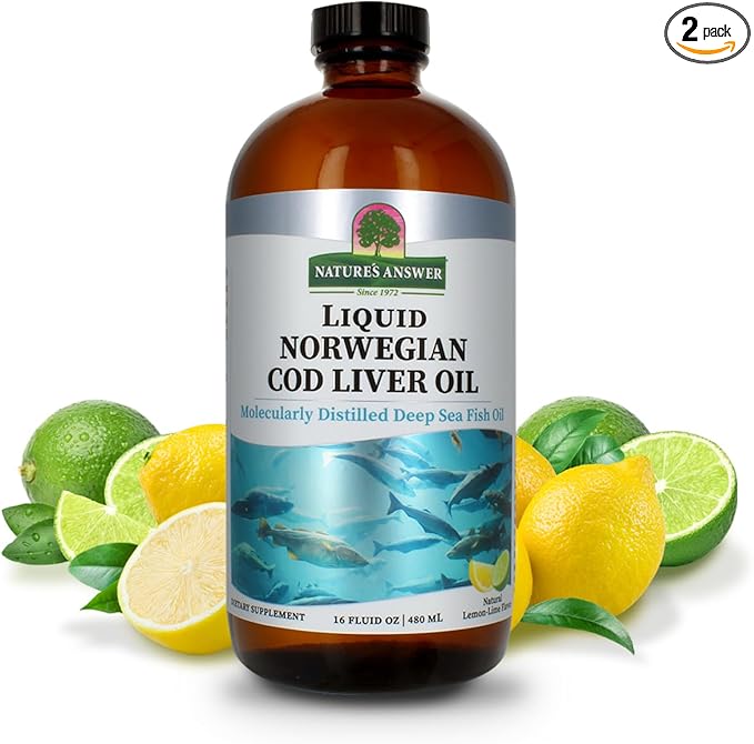 Nature's Answer Cod Liver Oil Liquid Supplement 16-Fluid Ounces | Promotes a Healthy Heart &amp Brain | Cognitive and Cardiovascular Support | Great Tasting (Pack of 2)