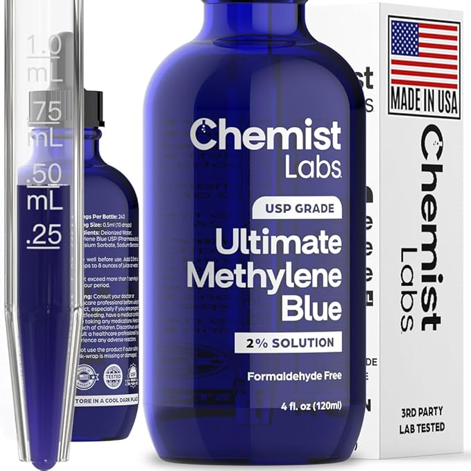 2% Pharmaceutical Grade Methylene Blue Liquid Solution - 99% Purity USP Grade Blue Methylene Cellular &amp Mitochondrial Support Third-Party Tested Made in USA 4oz