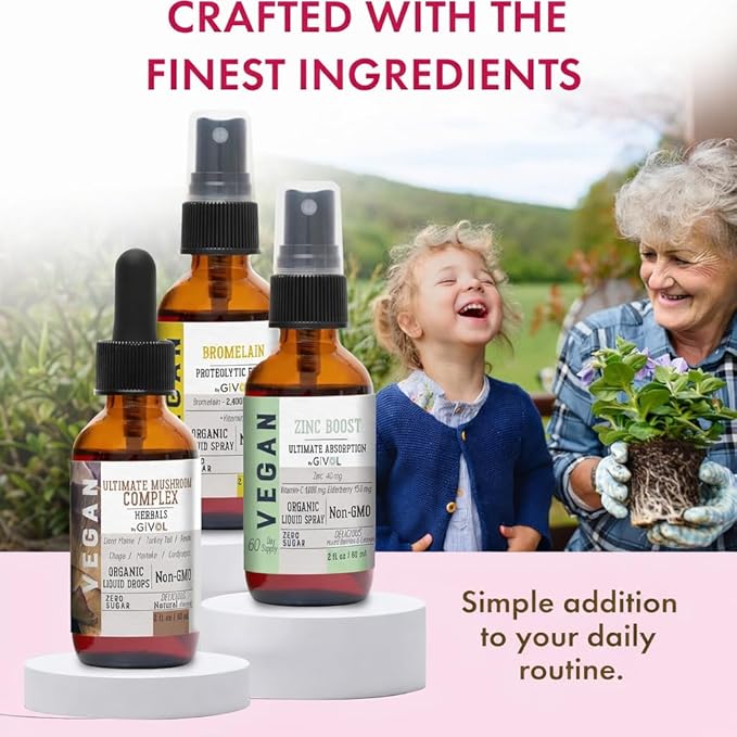 Digestive Harmony Bundle Liquid Vitamin Trio Mushroom Complex Lions Mane Reishi Maitake &amp Chaga Zinc Picolinate &amp Bromelain | Non-GMO | Gluten Free | Sugar-Free | 2 Fl Oz | 240 Days Supply