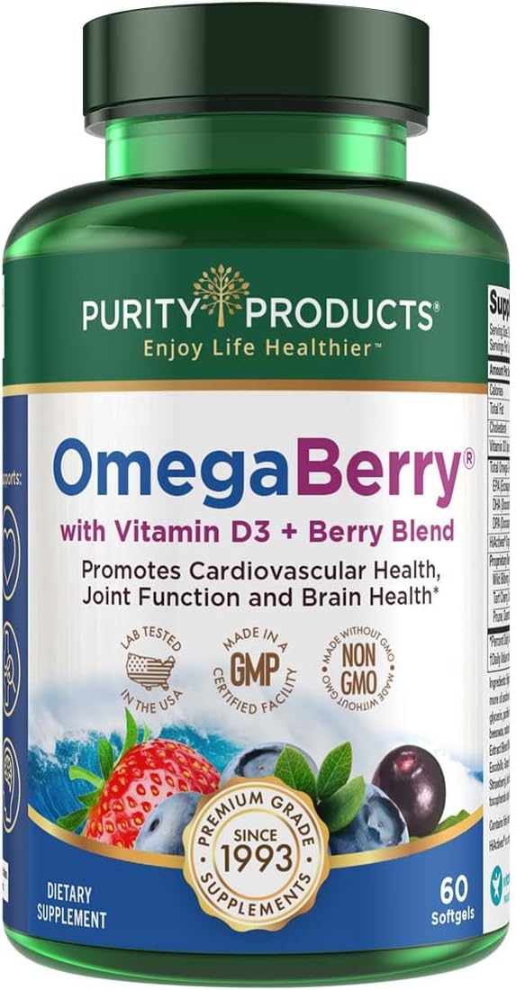 Purity Products OmegaBerry Fish Oil with Vitamin D3 and Organic Acai - 1250mg Concentrated Molecularly Distilled Ultra Pure Omega-3 Fish Oil 500mg DHA + 650mg EPA - 60 Soft Gels - 30 Day Supply from