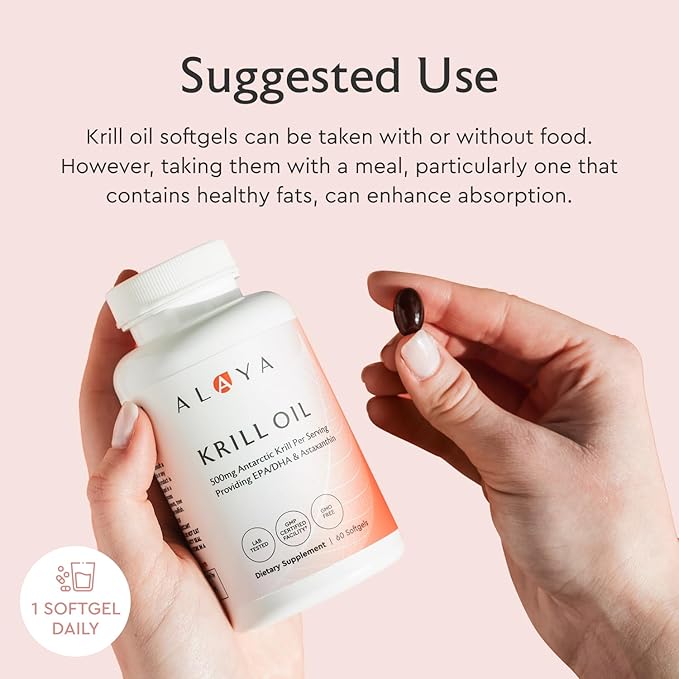 Alaya Naturals - Antarctic Krill Oil 500mg Supplement with Phospholipids EPA/DHA Omega 3 &amp Astaxanthin - Non-GMO - PCB Tested Krill Oil - 60 Softgels