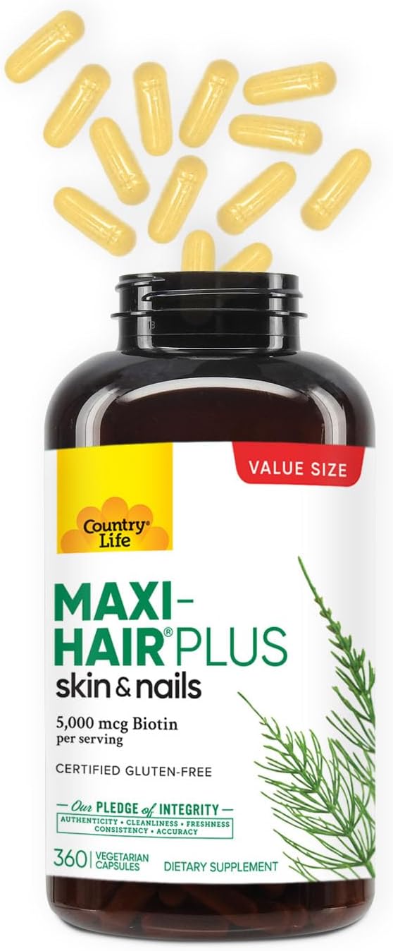 Country Life Maxi-Hair Plus 5000 mcg Biotin 360 Capsules Certified Gluten Free Certified Vegetarian