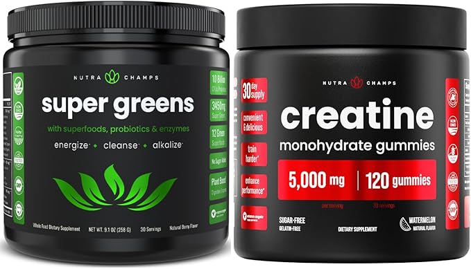 NutraChamps Complete Workout &amp Energy Bundle - Super Greens &amp Creatine Gummies.