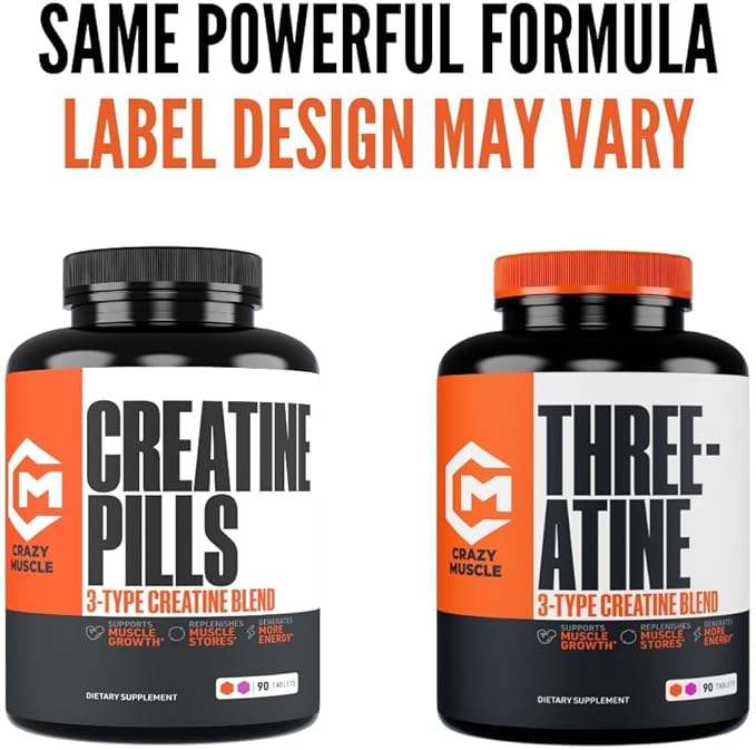 Crazy Muscle ThreeAtine Creatine Monohydrate Pills 5g Pure 3X Formula for Muscle Support &amp Training Performance - High Absorption Pre Workout Supplement for Men &amp Women Fitness 30 Servings