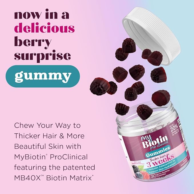 Purity Products MyBiotin ProClinical Gummies - Thicker Hair Starting in 3 Weeks &amp Fights Wrinkles - MB40X Biotin Matrix w/Astaxanthin - 40X More Soluble vs Ordinary Biotin 30 Berry Gummy Chews