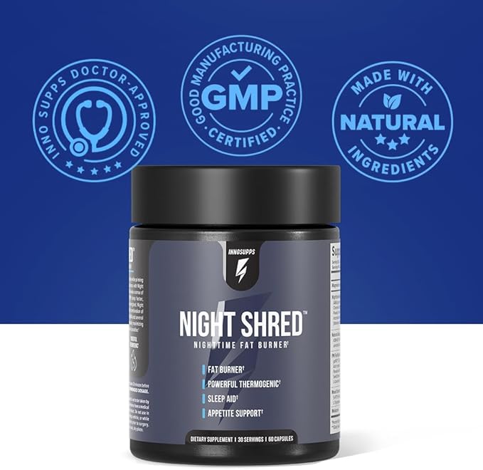 InnoSupps Night Shred Fat Burner and Natural Sleep Support | Ashwaganda 5-HTP CLA Melatonin | Appetite Suppressant | Weight Loss Support Nighttime Fat Burning (60 Vegetarian Capsules)
